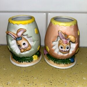 Ceramic Easter Bunny Figurines Rabbits popping out of Eggs Frankel Taiwan Vtg